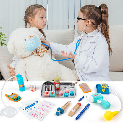 Sundaymot Kids Doctors Wooden Kit, 34 Pcs, with Real Stethoscope, Portable Doctors Bag, Pretend Role Play Medical Kit Toys for 3-6 Year Old Toddlers