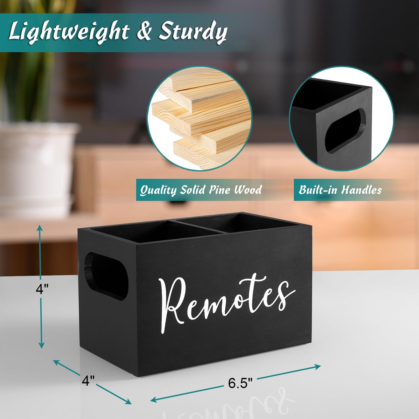 DRASTAR Remote Control Holder, TV Remote Holder, Remote Organizer Caddy for Table, Wooden Remote Box for Nightstand, Black Remote Caddy with 2 Slots