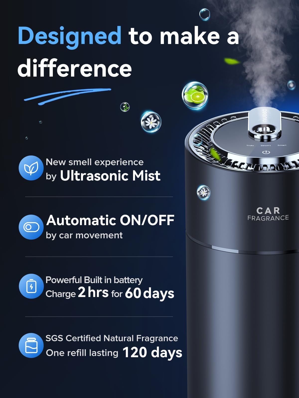 Ceeniu Smart Car Air Fresheners, New Smell Experience By Ultrasonic mist, Auto On/Off, Powerful Built-in Battery, Natural Fragrance, Adjustable Car freshener, Cologne Scent