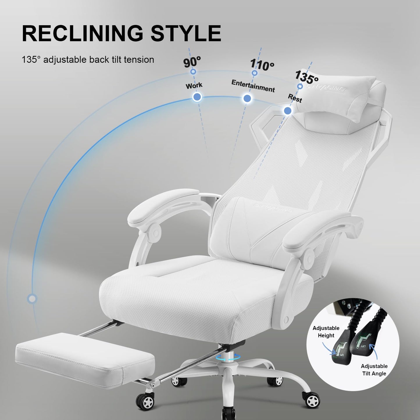 GTRACING Gaming Chair, Computer Chair with Mesh Back, Ergonomic Gaming Chair with Footrest, Reclining Game Chair with Adjustable Headrest and Lumbar Support for Gaming and Office (White)