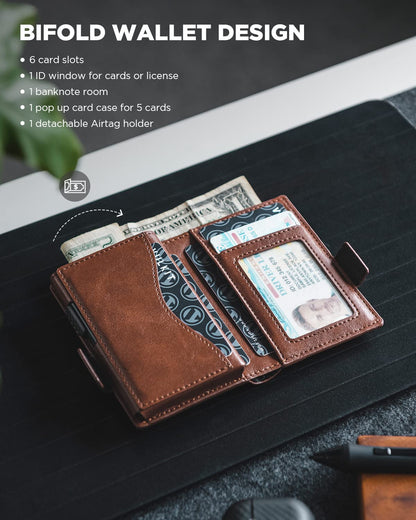 VULKIT Card Holder Wallet with Airtag Holder Pop Up Wallet RFID Blocking Metal Card Case, Magnetic Closure with Banknote Compartment