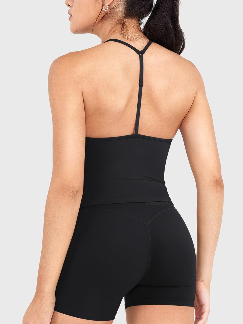 YEOREO CoreFlex Women's Impact Halter Tank Top Strappy Padded Open Back Deep V Neck Built-in Bra Workout Gym Crop Tops Black S