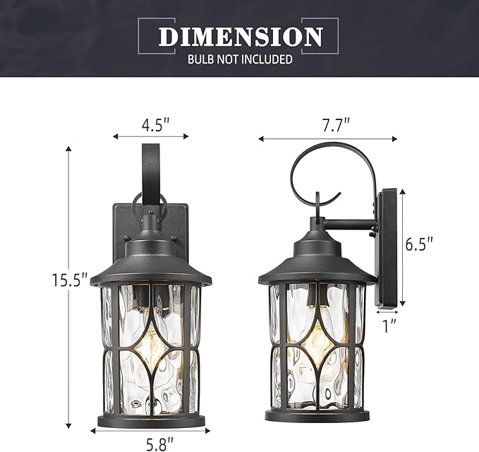 zeyu Wall Mounted Lantern Light, 15.5 Inch Outdoor Wall Light Fixtures for House in Black Finish, Die-Cast Aluminum with Water Ripple Glass, ZX111B BK-WG