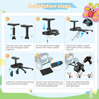 BugyKido Buggy Board, Universal Buggy Board with Seat for Children, Baby Kiddy Board, Stroller Accessory from 2-6 Years (25 kg), for Over 99% of Baby Carriages, Black Wheels