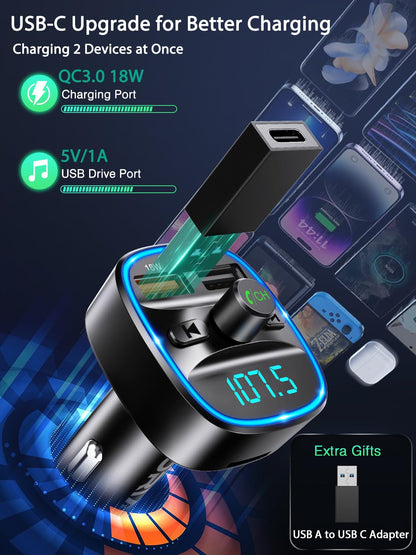 ORIA Bluetooth 5.3 FM Transmitter for Car, Bluetooth Car Music Wireless Radio Adapter, Universal Car Charger with Dual USB Charging, Support TF Card & USB Disk (USB-C Converter Included)