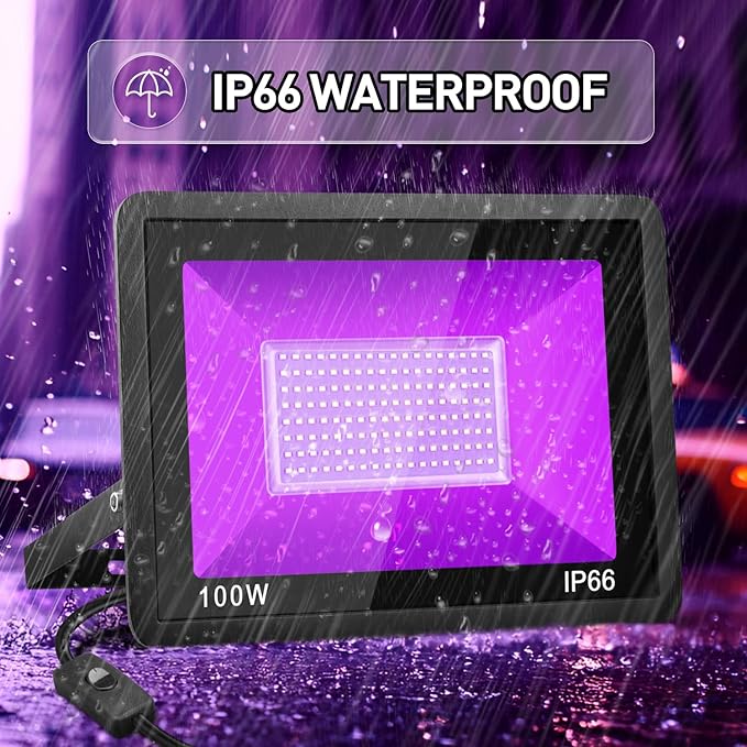 100W Black Light, Indoor Outdoor Blacklight with Plug and Switch, Ip66 Waterproof, 365 NM UV Light for Glow Neon Party, Body Painting, Fluorescent Tapestry, 1Pack