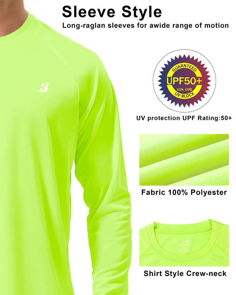 Roadbox Mens UPF 50+ Long Sleeve SPF Diving Rash Guard UV Sun Protection Shirts for Outdoor Fishing Hiking Swimming Running Neon Green