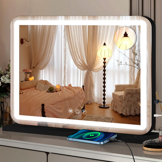 23" x 18" Vanity Mirror with Lights, Led Makeup Mirror, Lighted Makeup Mirror with 3 Color Dimmable Lights, Smart Touch Screen Control, Aluminum Metal Frame,USB Charging Port