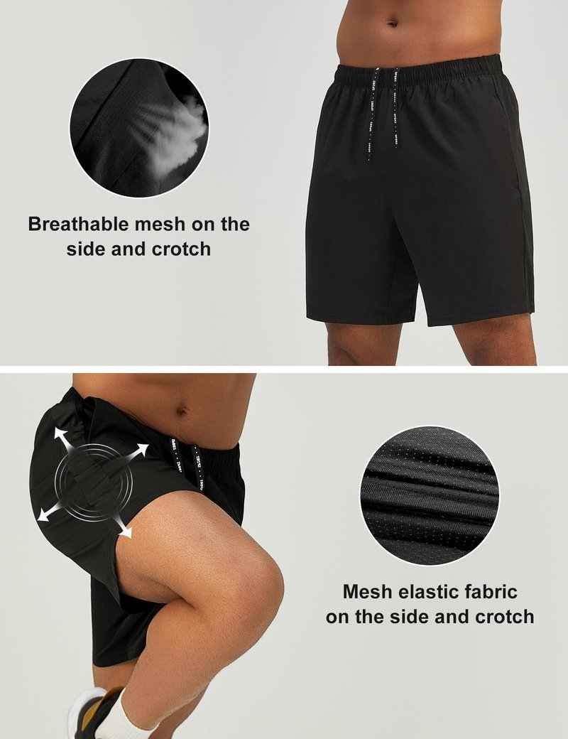 Pesfix Mens 7'' Lightweight Athletic Shorts Quick Dry Gym Workout Running Shorts with Zipper Pockets Black,Large