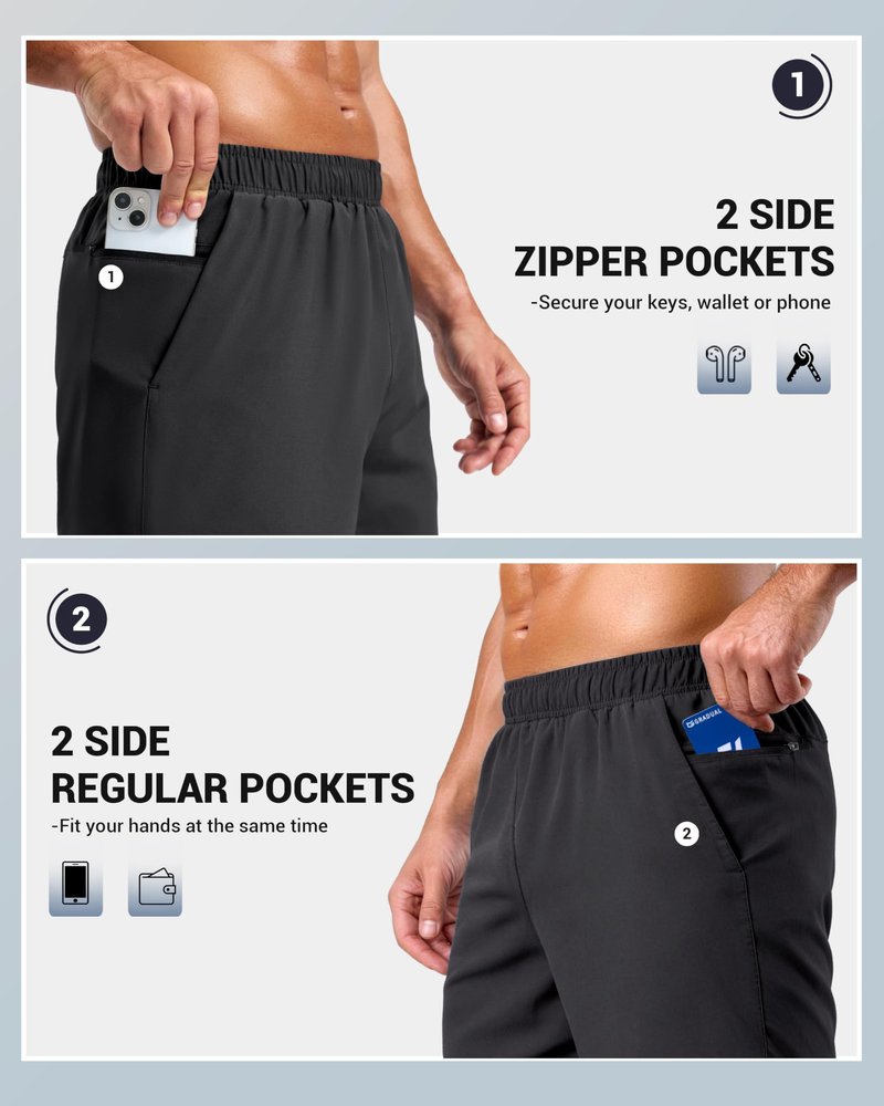 G Gradual Men's Workout Gym Shorts with 2 Zipper Pockets 7"/ 5"/ 9" Quick Dry Athletic Running Basketball Shorts for Men (Black, 7XL)