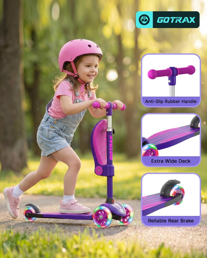 Gotrax KS3 Kids Kick Scooter, LED Lighted Wheels, Adjustable Height Handlebars and Removable Seat, Lean-to-Steer & Widen Anti-Slip Deck, 3 Wheel Scooter for kids Ages 2-8 and up to 100 Lbs (Purple)