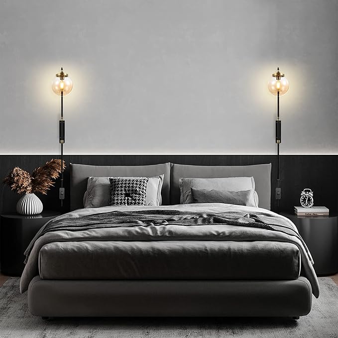 ELEHINSER Black Wall Sconces Set of 2 with Globe Shade, Modern Indoor Plug in Wall Lamps with Switch, Angle Adjustable Light for Bedroom Living Room Study Hallway Bedside