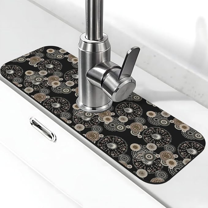 Paisley Mandala Brown And Black Floral Kitchen Sink Splash Guard Faucet Mat