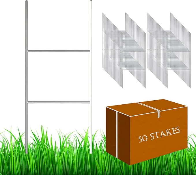 50 Pack H Frame Wire Stakes 30"x10", Metal Yard Sign Stakes for 4mm,5mm and 6mm Corrugated Plastic Yard Signs