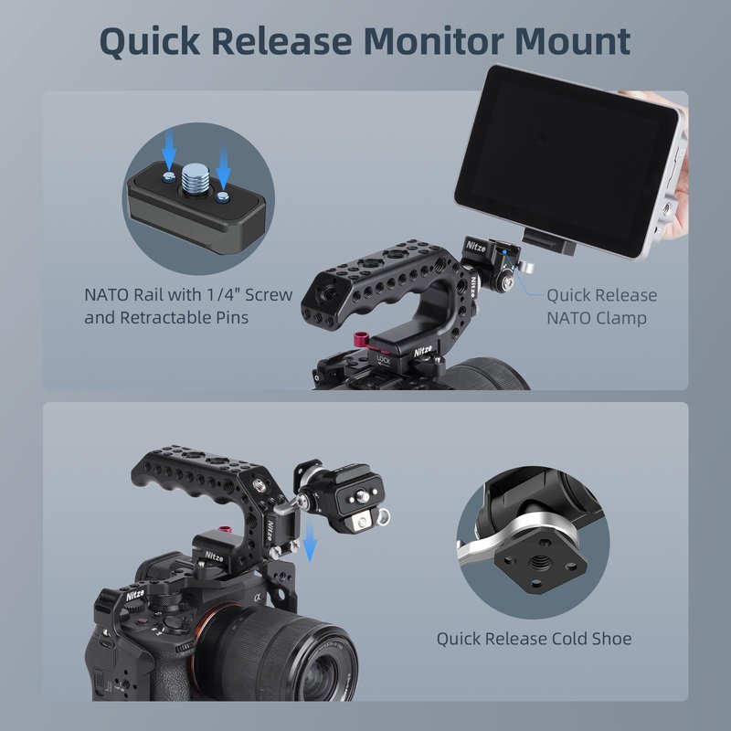 Nitze Quick Release Camera Monitor Mount (NATO Rail with 1/4” Screw and Retractable Pins to Cold Shoe), Field Monitor Mount with Adjustable NATO Clamp, 170° Tilt and 360° Pan - N54-S1