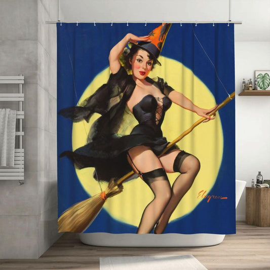 Bathroom Shower Curtain - Sexy Pin Up Girl I'm a Halloween Witch - Vintage Retro Pin Up Girls Body Art Work Canvas Painting Style Waterproof Polyester Fabric 66(w)x72(h) Rings Included