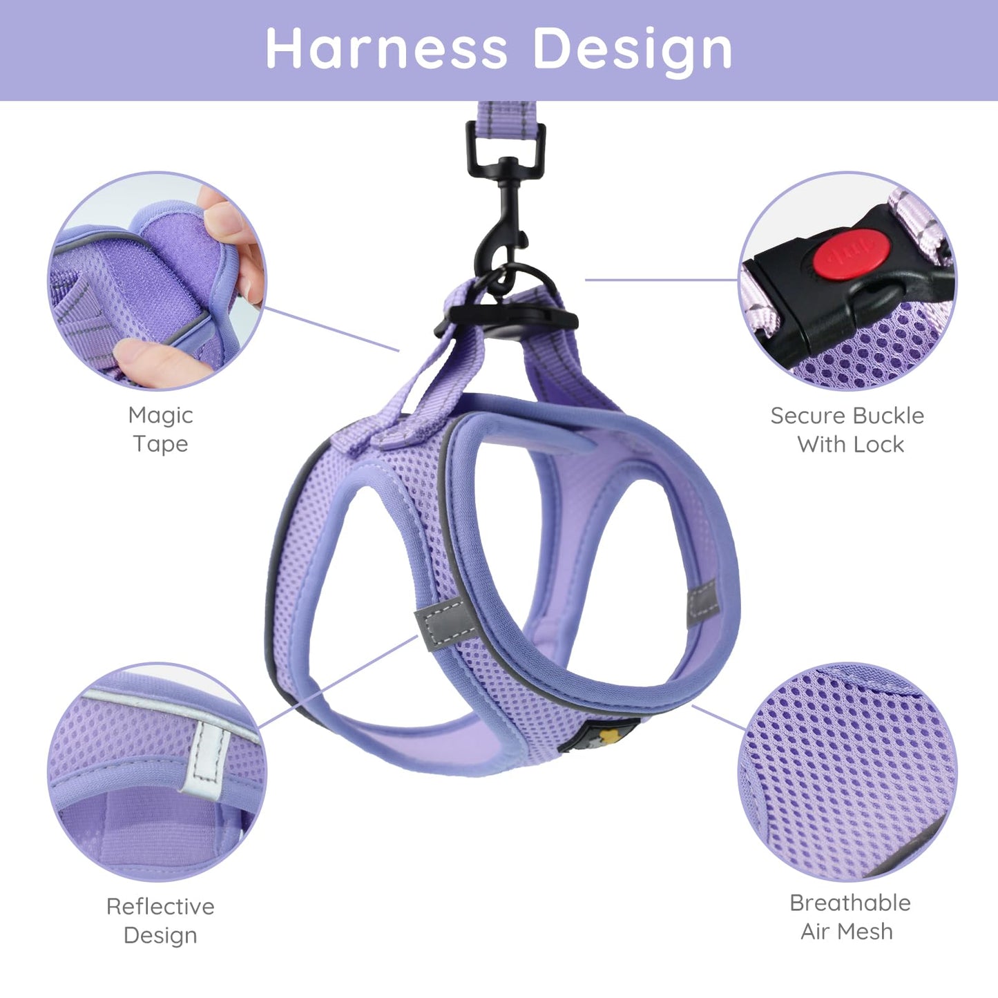 BELLA & PAL Dog Harness and Leash Set, Step-in Puppy Harness, Breathable Air Mesh with Reflective Strips, No Pull Vest for Puppies/Extra Small/Small Dogs, Purple, S