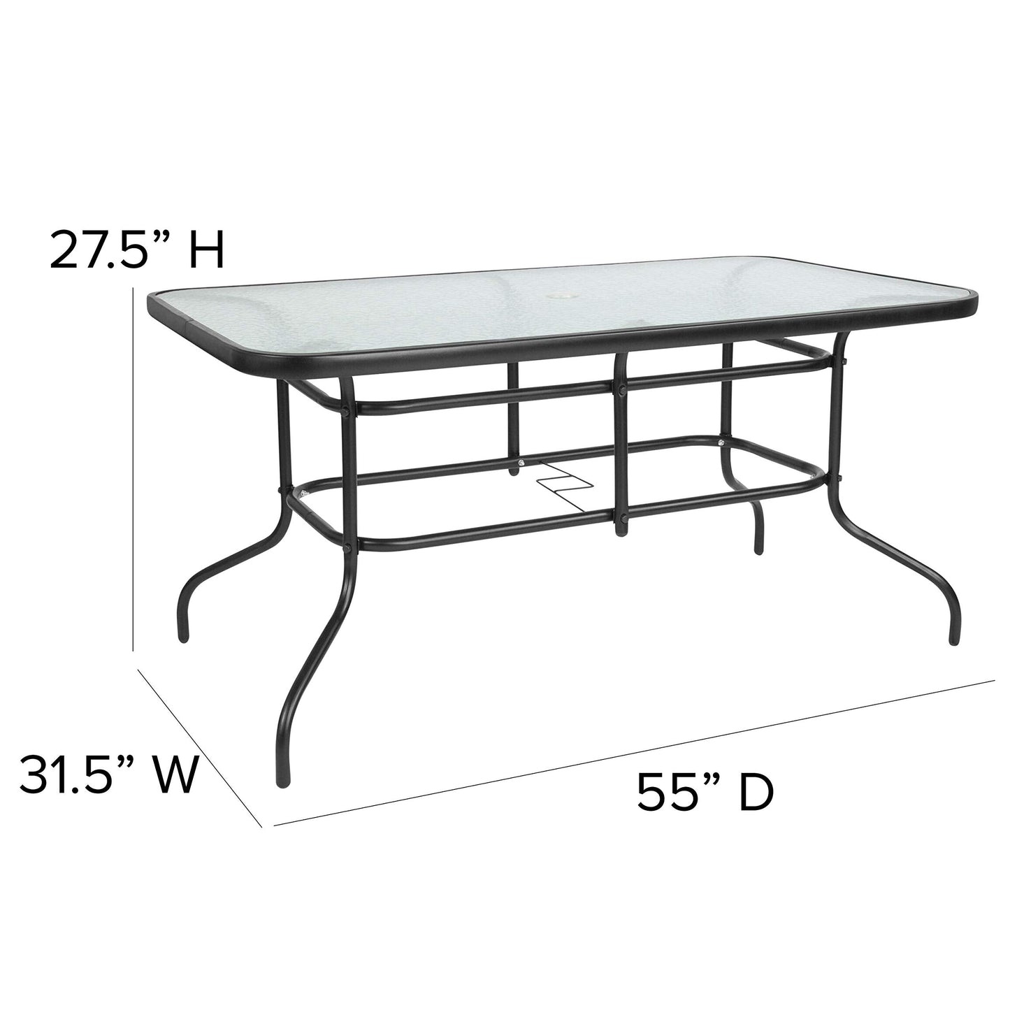 Flash Furniture Tory 31.5" x 55" Rectangular Tempered Glass Metal Patio Table with Umbrella Hole, Modern Rippled Glass Outdoor Dining Table, Black