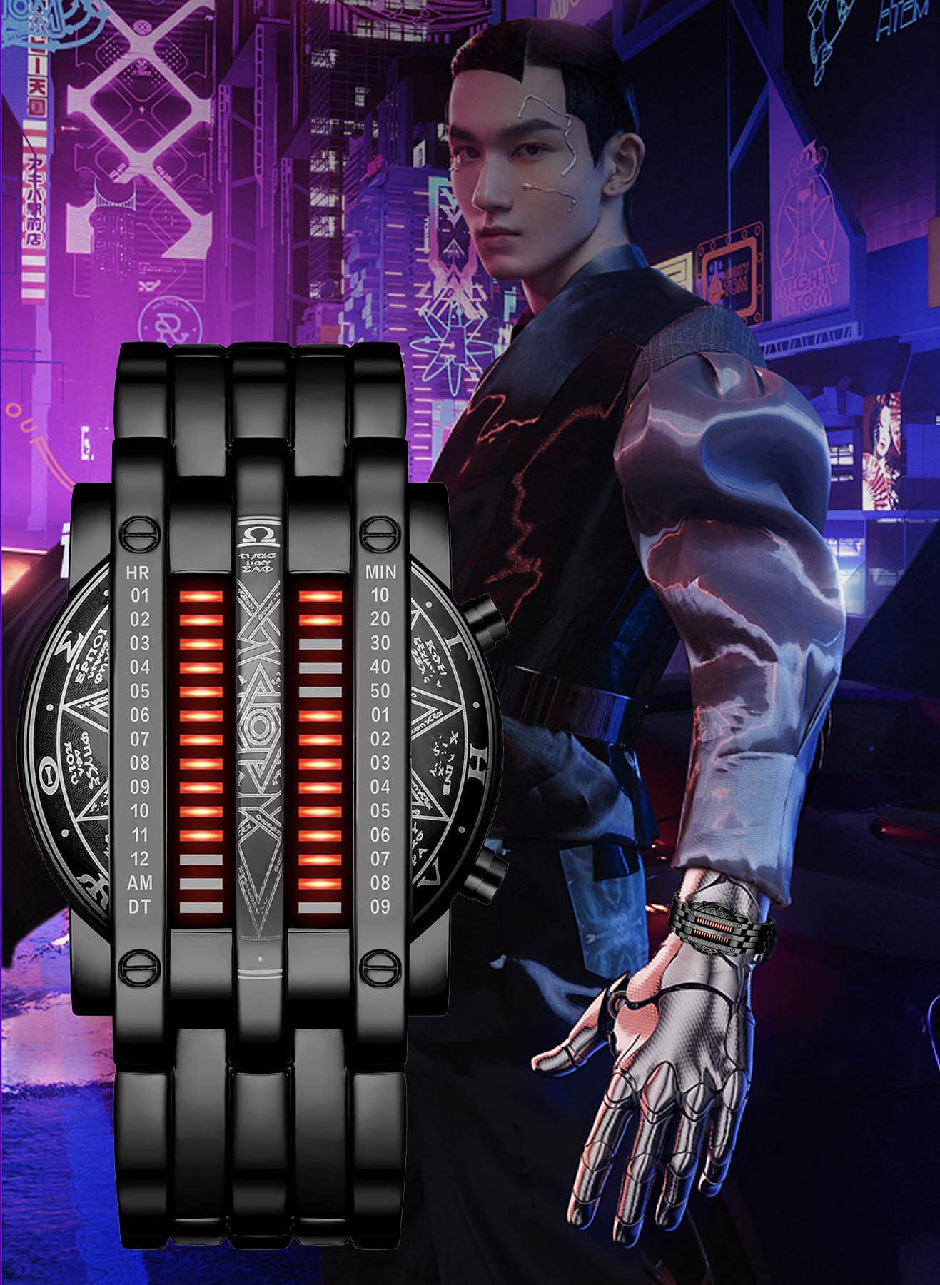 Binary Matrix Blue LED Digital Watch Mens Classic Creative Fashion Black Plated Wrist Watches (Black Red)