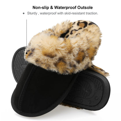 Besroad Fuzzy Fluffy House Slippers for Women Cozy Winter Warm Plush Furry Slides Shoes Black Leopard11.5-12.5