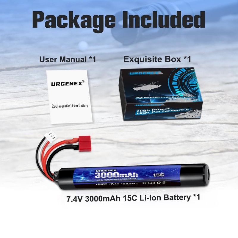 URGENEX 3000mAh Airsoft Battery 7.4V Stick Battery with Dean-Style T Plug 2S Rechargeable Stick Shape RC Lithium-ion Fit for Most Airsoft Model Guns Rifles