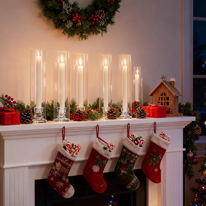 6 Set Hurricane Glass Candlestick Holders 12.6" Two Side Open Glass Candle Holders and 2.2" Taper Candlesticks Holder Bulk for Table Centerpiece Wedding Christmas Home Decor