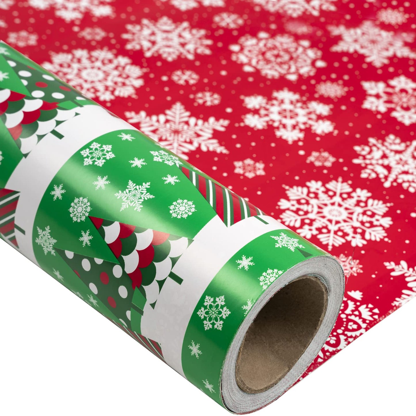 LeZakaa Christmas Wrapping Paper Jumbo Roll, Christmas Tree, Snowflakes in Red Retro Reversible Design for Festive Holiday, Family Gathering, 24 inches x 100 Feet