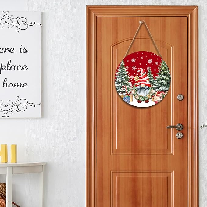 Christmas Gnome Welcome Sign for Front Door Merry Christmas Door Hanger 12”x12” Christmas Dwarf Xmas Holiday Snowflake Wooden Hanging Sign Outdoor Outside Porch Decor Winter Christmas Wreath for Home