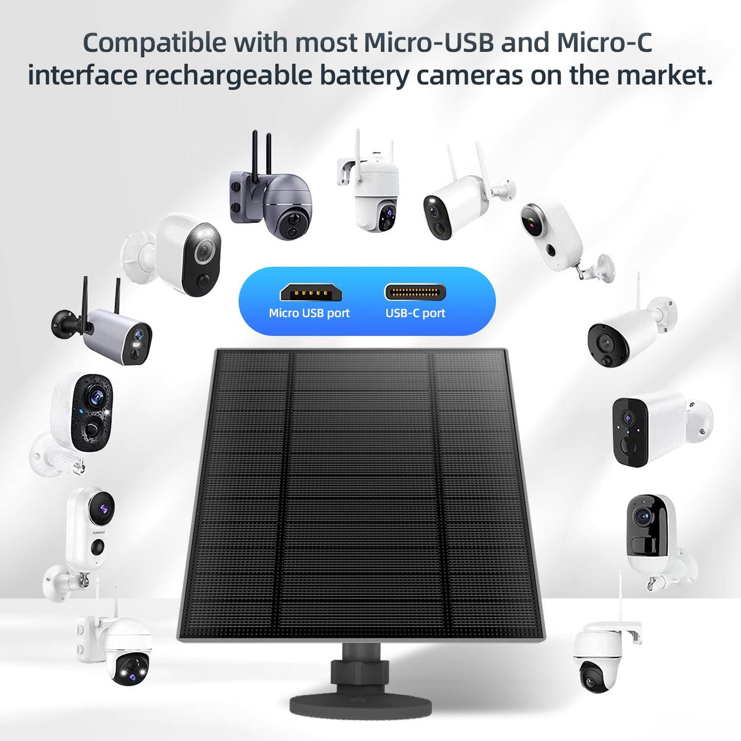 2PC 5W Solar Panel for Security Camera, Solar Panel with Micro USB & USB-C Port for DC 5V Outdoor Rechargeable Battery Camera, IP65 Waterproof, 360° Adjustable Security Mount, 9.8ft Cable(Black)