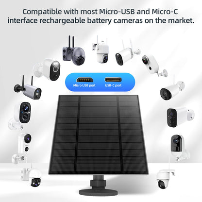 2PC 5W Solar Panel for Security Camera, Solar Panel with Micro USB & USB-C Port for DC 5V Outdoor Rechargeable Battery Camera, IP65 Waterproof, 360° Adjustable Security Mount, 9.8ft Cable(Black)