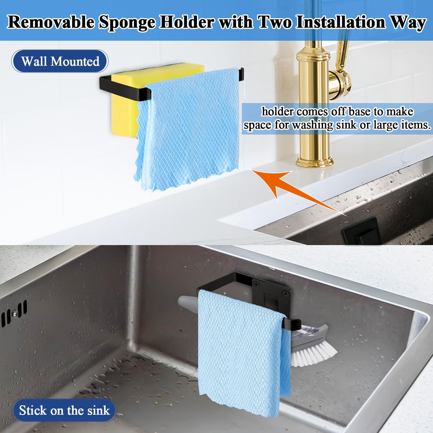GAViA Sponge Holder Kitchen Dish Sponge Holder Self-Adhesive Kitchen Organiser Dish Cloth Holder 304 Stainless Steel Kitchen Drain Rack Sink Caddy Storage Organiser Black