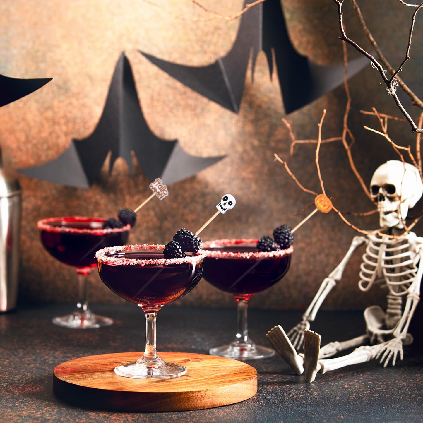 Halloween Cocktail Picks Halloween Theme Skull Ghost Pumpkin Bat Decorations Long Toothpicks Fruit Sticks Skewers Topper for Appetizer Charcuterie Food Sandwich Cupcake Halloween Themed Party Supplies