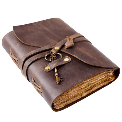 Vintage Leather Journal - Antique Handmade Deckle Edge Vintage Paper Leather Bound Journal - Book of Shadows Journal - Leather Sketchbook - Drawing Journal - Great Gift (Vintage Brown, 9"x6")