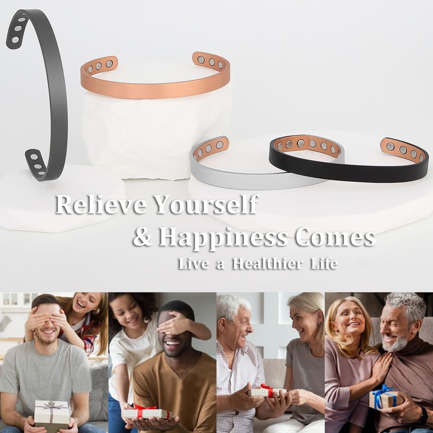 MagEnergy Copper Bracelet for Men and Women 99.9% Pure Copper Bangle Adjustable with 8 Magnets (Gunmetal)