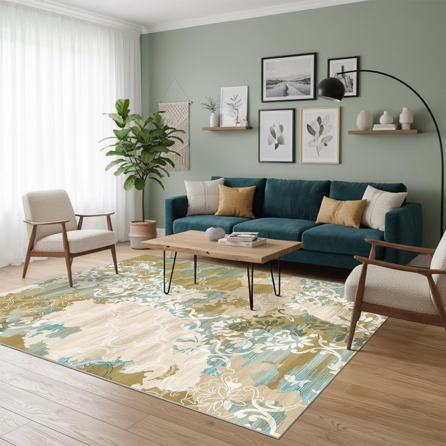 5x7 Area Rugs,Abstract Area Rugs, Modern Washable Non-Slip Rug for Living Room, Bedroom, Dining Room, Soft Low Pile Carpet, Neutral Decor for Home and Office,Abstract Floral - Yellow