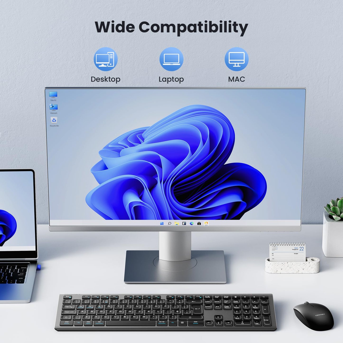 TECKNET Wireless Keyboard and Mouse Combo, Rechargeable Ultra Thin Full-Size Cordless Keyboard and Silent Click Mouse Set, 2.4G Plug & Play, QWERTY UK Layout Keyboards for Windows PC Laptop Computer