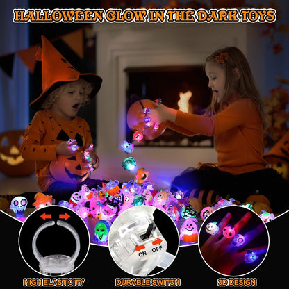 FLY2SKY Halloween Treats 50Pcs 3D Ring LED Light Up Rings Halloween Toys Halloween Party Favors for Kid Glow In The Dark Accessory Non Candy Gift Bag Fillers NEW VERSION