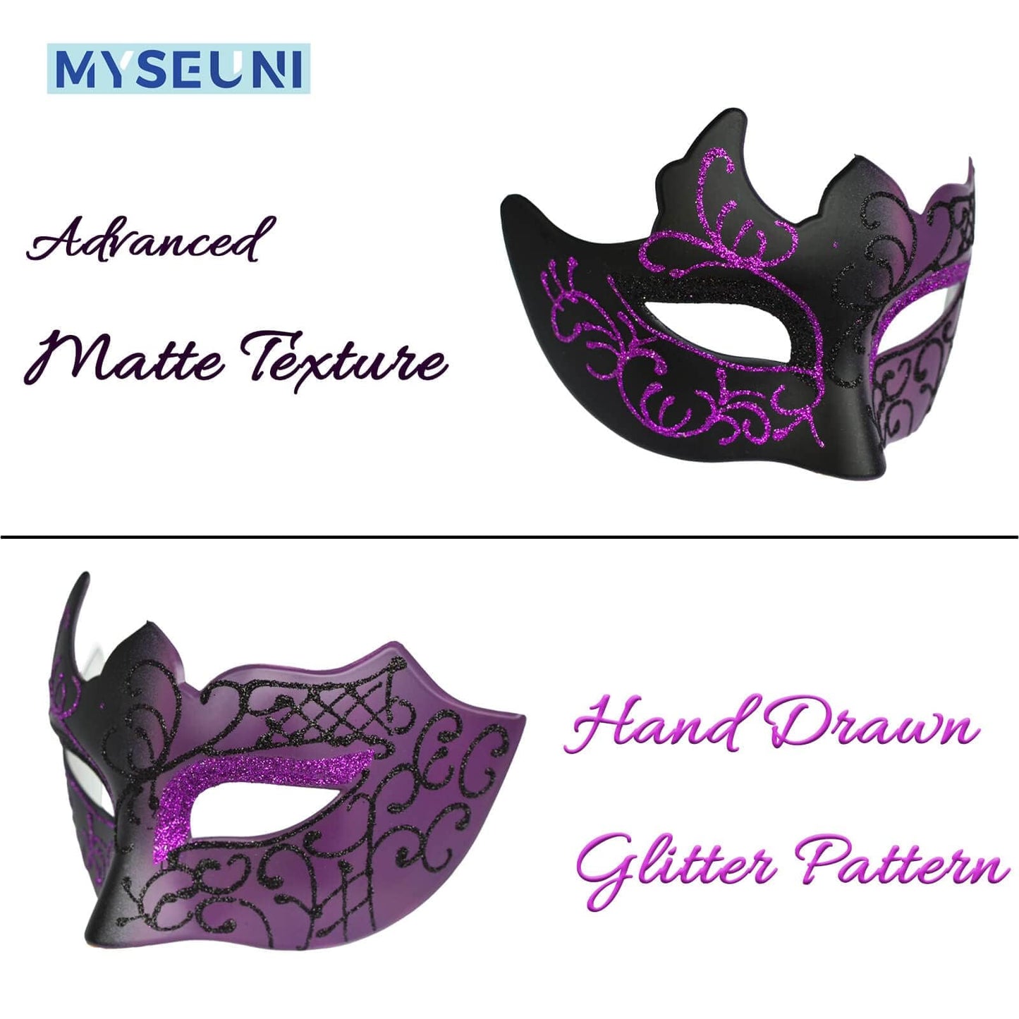 MYSEUNI Purple Masquerade Mask Couples Set - Venetian Mask Women & Mens Venetian Mask for Mardi Gras,Mascarade Ball Prom, Halloween Party Carnivals