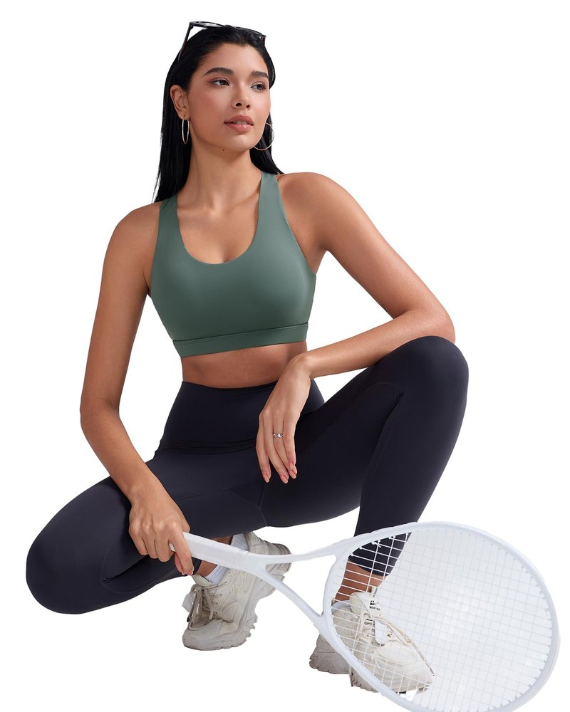 RUNNING GIRL Sports Bra for Women, Criss-Cross Back Padded Strappy Sports Bras Medium Support Yoga Bra with Removable Cups(2353 Dark Green_M)