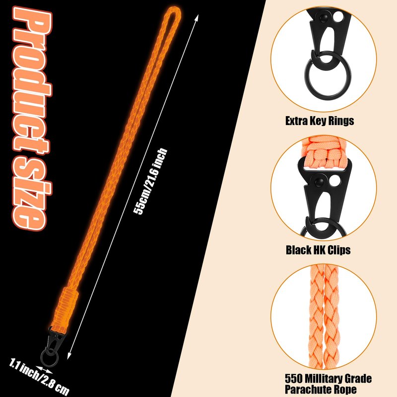 Frienda 2 Set Heavy Duty Paracord Lanyard Keychain Braided 550 Paracord Keychains Necklace with Metal Clip Outdoor Survival Neck Lanyard for Keys ID Card Camera, Camping Traveling(Attractive Orange)