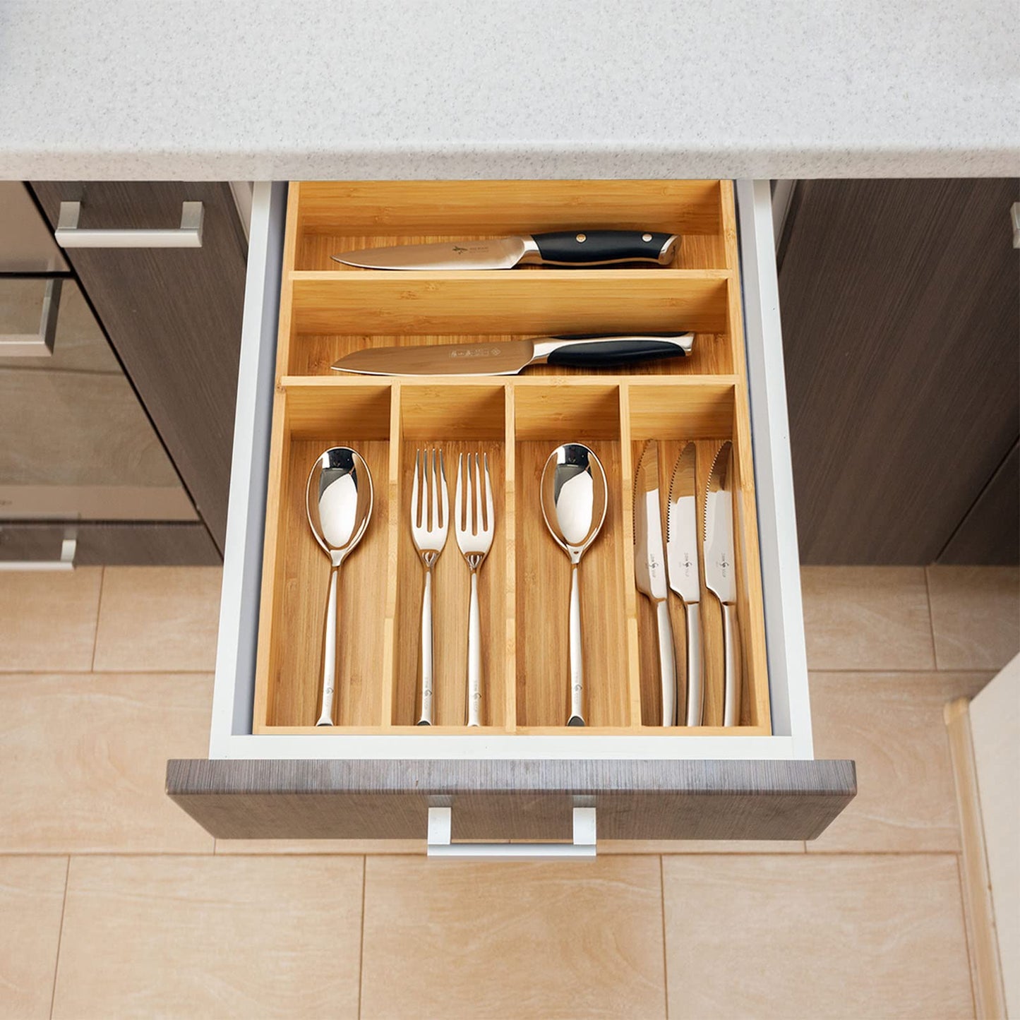 Umilife Bamboo Kitchen Drawer Organizer, 13 Inch Silverware Utensil Tray Holder, Extra Deep Grooved Drawer Divider, 7 Slots Total Bamboo Wood Caddy for Flatware Cutlery Knives, Forks, Spoons