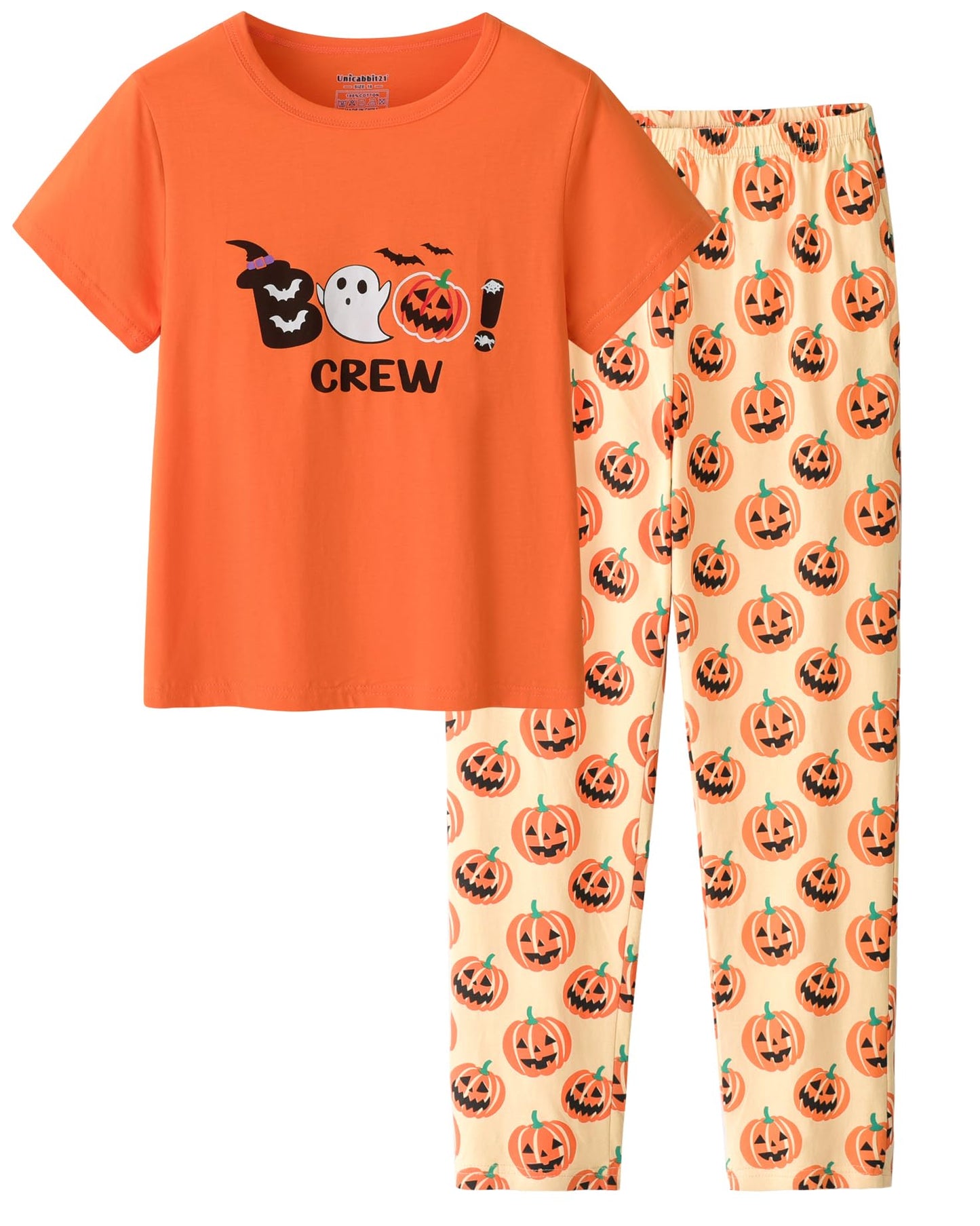 UNICABBIT21 Pajamas for Girls Cute Orange Pumpkin Halloween Pants and Short Sleeve Tee Big Kids Sleepwear Set Size 16