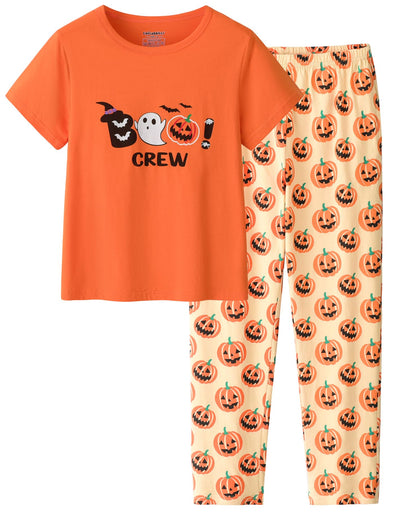 UNICABBIT21 Pajamas for Girls Cute Orange Pumpkin Halloween Pants and Short Sleeve Tee Big Kids Sleepwear Set Size 16