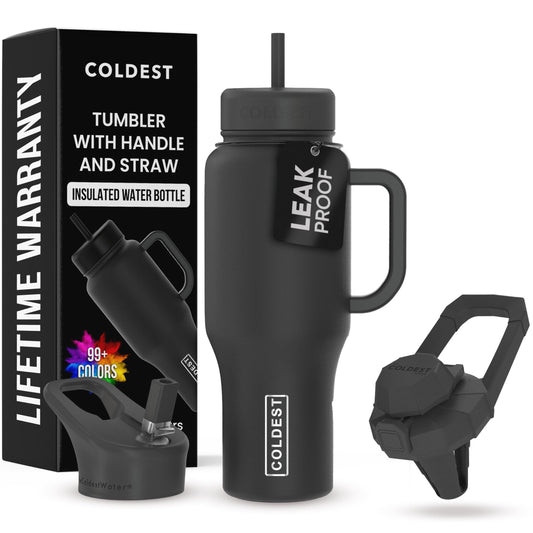 Coldest Tumbler with Handle and Straw - 100% Leak Proof Insulated Tumbler with Lid and Straw (3 Lids) - Stainless Steel Tumblers for Women & Men - Cup Holder Friendly Base, 36 oz (Stealth Black)