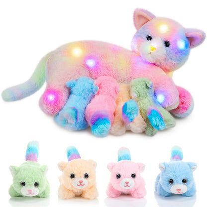 Skylety Nurturing Cat Stuffed Animal with 4 Plush Kittens, Cat Baby Stuffed for Girls Boys Plushy Mommy Kitty with Baby Kittens for Christmas Birthday Party Favors Gifts(LED Style)