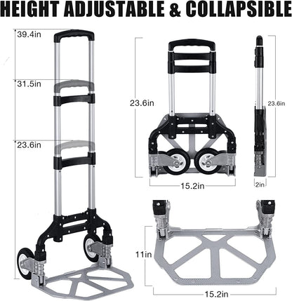 Folding Hand Truck Dolly Aluminum Folding Hand Cart Luggage Trolley Cart Max 175lbs Capacity Dolly Cart, with Telescoping Handle and Rubber Wheels, Double Bearings