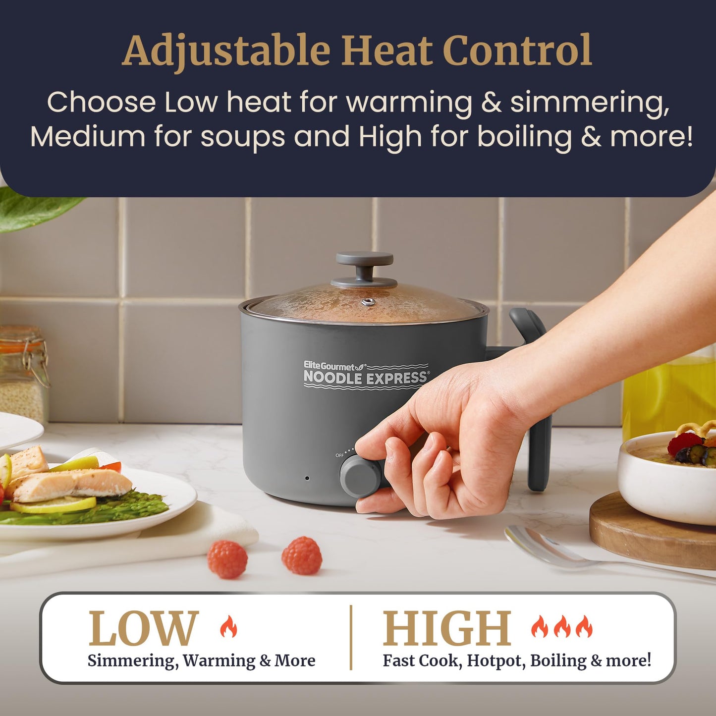 Elite Gourmet NOODLE EXPRESS™ Hot Pot, Prepare Ramen, Rice, Soups, Stews, Boil Water, Stainless-Steel Interior, Glass Lid, High/Low/Off Settings, Grey