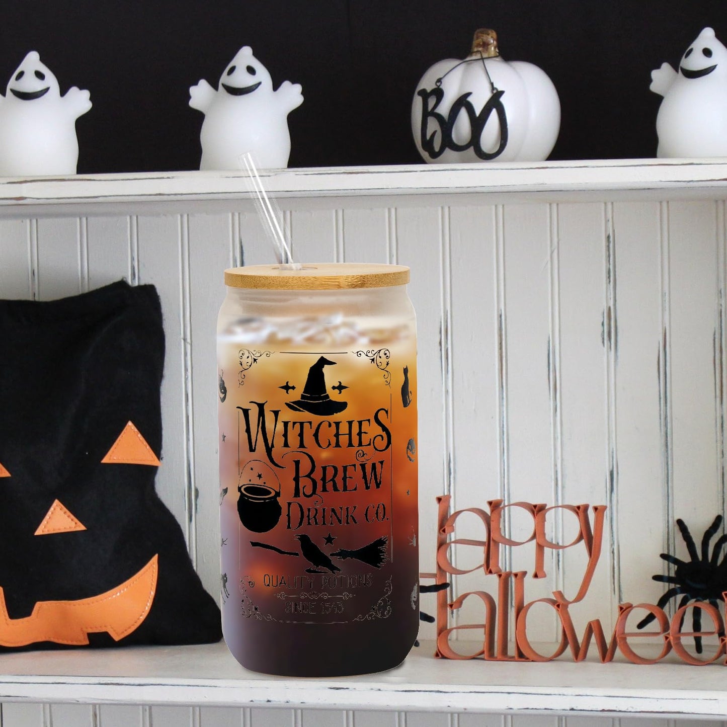 Joyseller Halloween Glass Cup, 18oz Frosted Witch Iced Coffee Can Cup Tumbler with Lid and Straw, Witch Tumbler Beer Can Glass, Halloween Gifts Decorations
