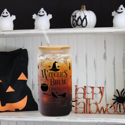 Joyseller Halloween Glass Cup, 18oz Frosted Witch Iced Coffee Can Cup Tumbler with Lid and Straw, Witch Tumbler Beer Can Glass, Halloween Gifts Decorations