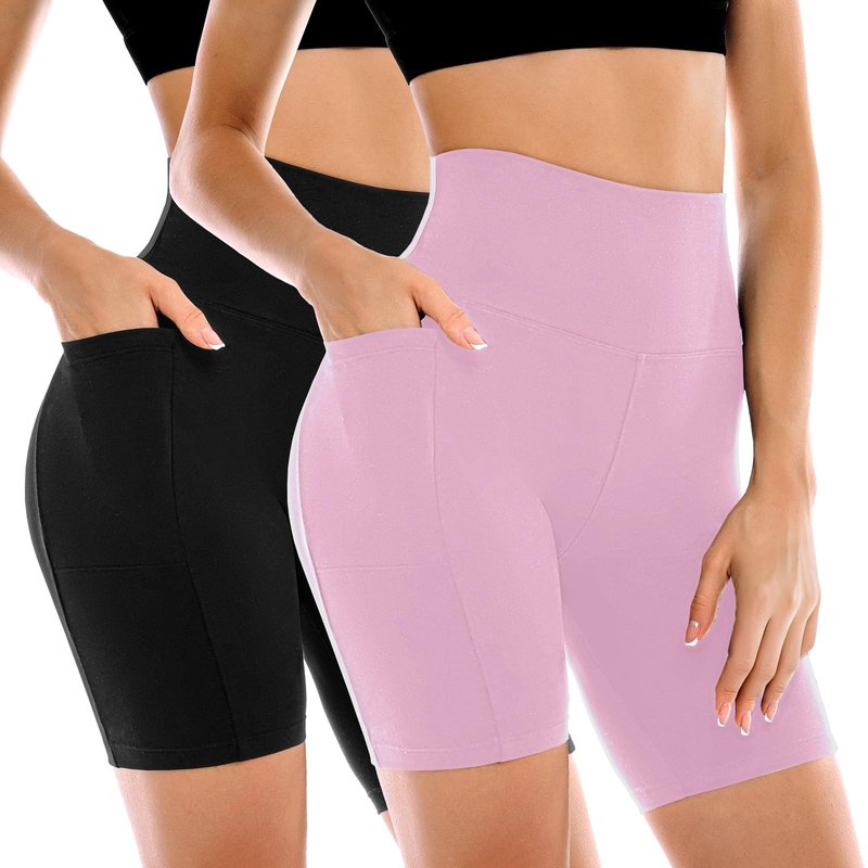 Leafigure 2 Pack Womens Biker Shorts with Pockets, High Waisted Tummy Control Yoga Shorts for Women Running Gym and Workout Black/Pink L-XL